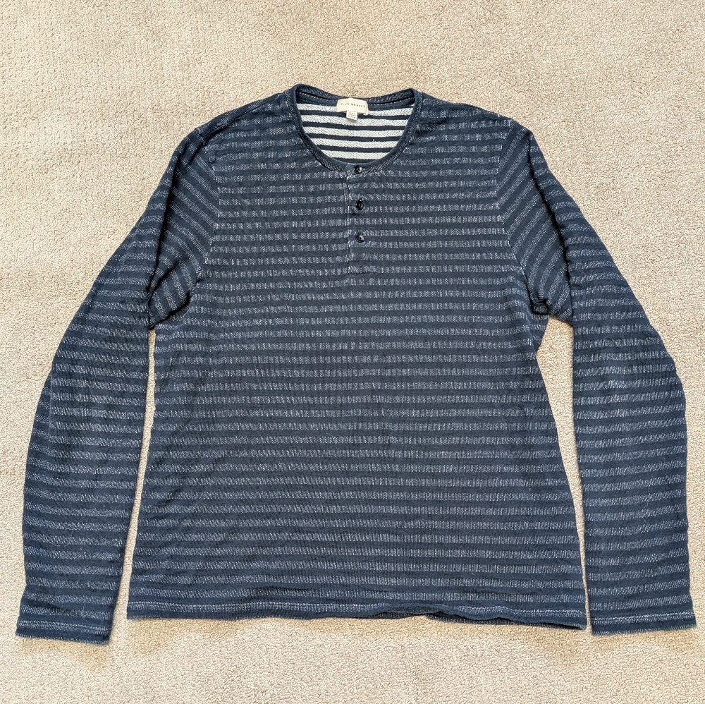 Club Monaco Women's XL Cotton Button Striped Henley LS T-Shirt Classic Comfort